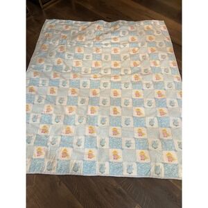 Quilted Baby Blanket Blue Bunny Girl Watering Can Print Nursery